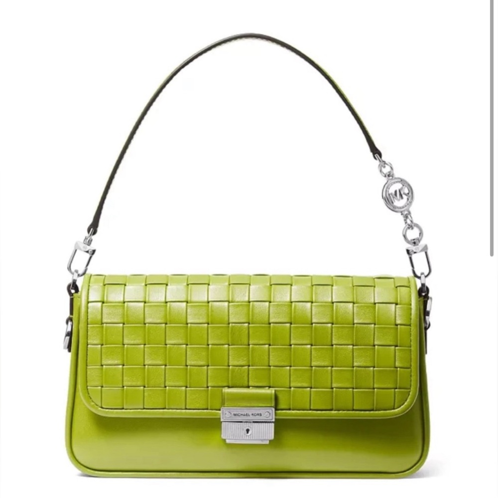 Michael Kors BradShaw Woven Leather Convertible Shoulder Bag, lime/Green